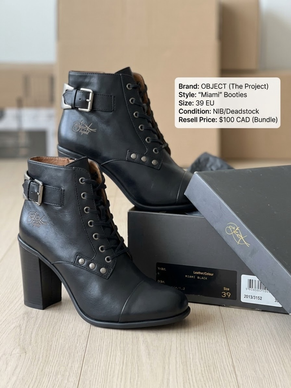 OBJECT (The Project) Miami Black Leather Lace-Up Booties - Size 39